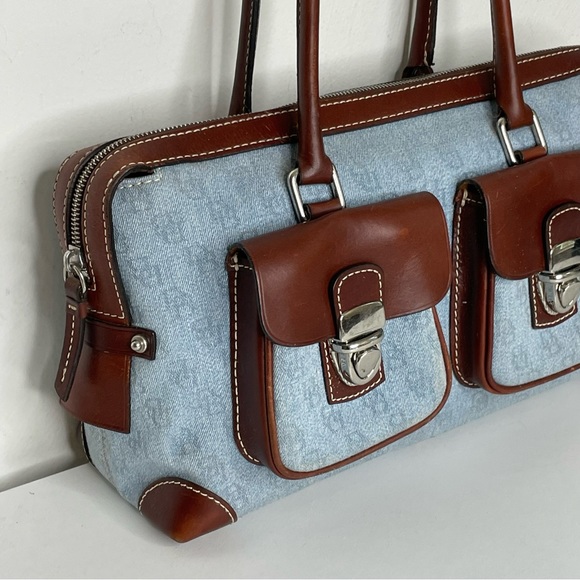 DOONEY & BOURKE Signature Mono Canvas Brown Leather Double Pocket Satchel - Picture 3 of 15